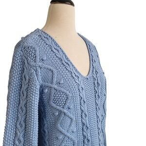 Lands' End Drifter Cable Knit Fisherman Sweater Womens M Blue V-Neck Chunky 3D